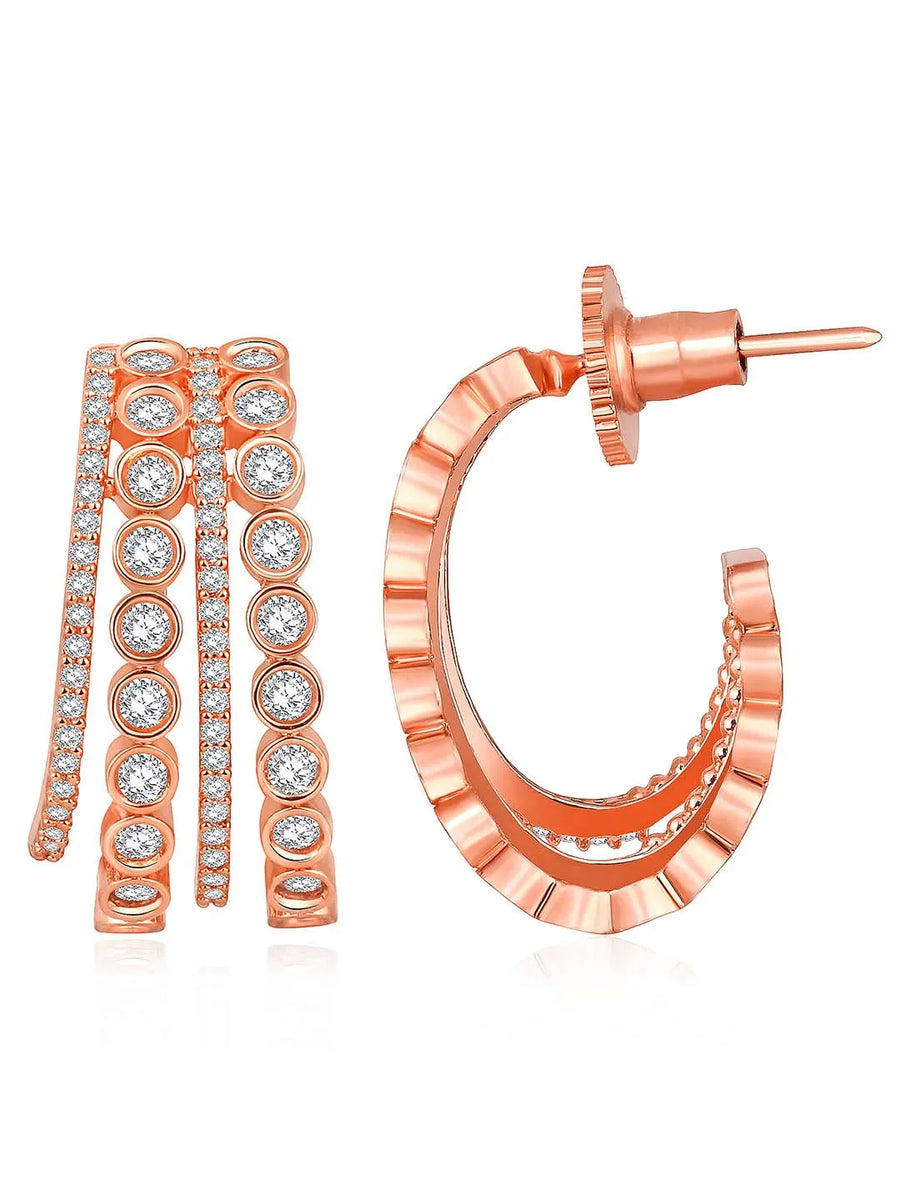 Glamorous Radiant CZ Half Hoop Earrings. A pair of rose gold-colored half hoop earrings with cubic zirconia embellishments. Ideal for casuals & party looks.