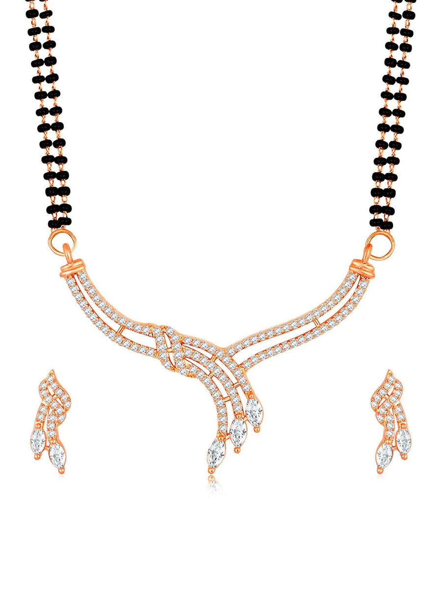 Brilliant Dazzling CZ Mangalsutra Set. Rose gold CZ mangalsutra set with black beads and matching earrings