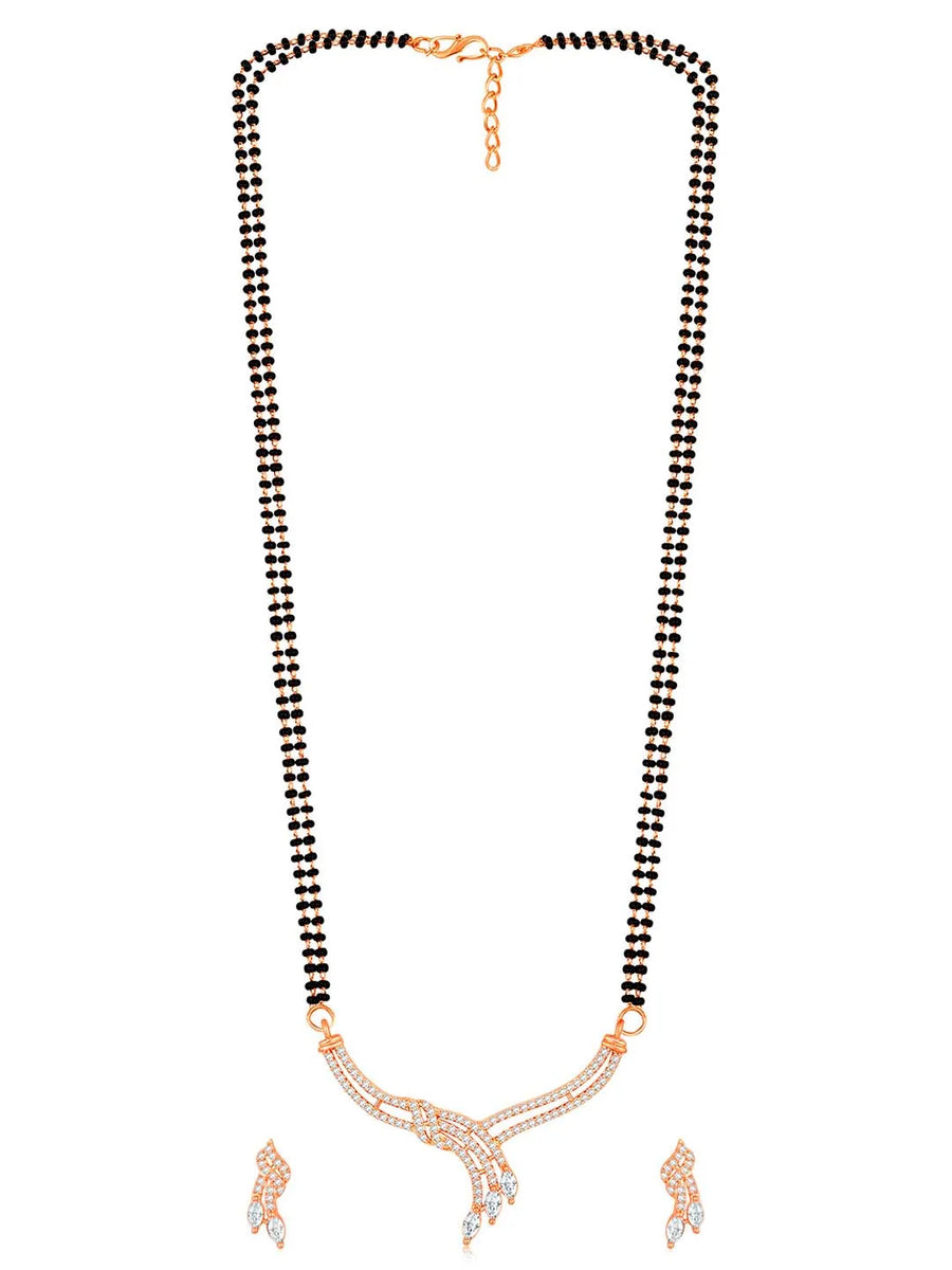 Brilliant Dazzling CZ Mangalsutra Set. Rose gold CZ mangalsutra set with black beads and matching earrings