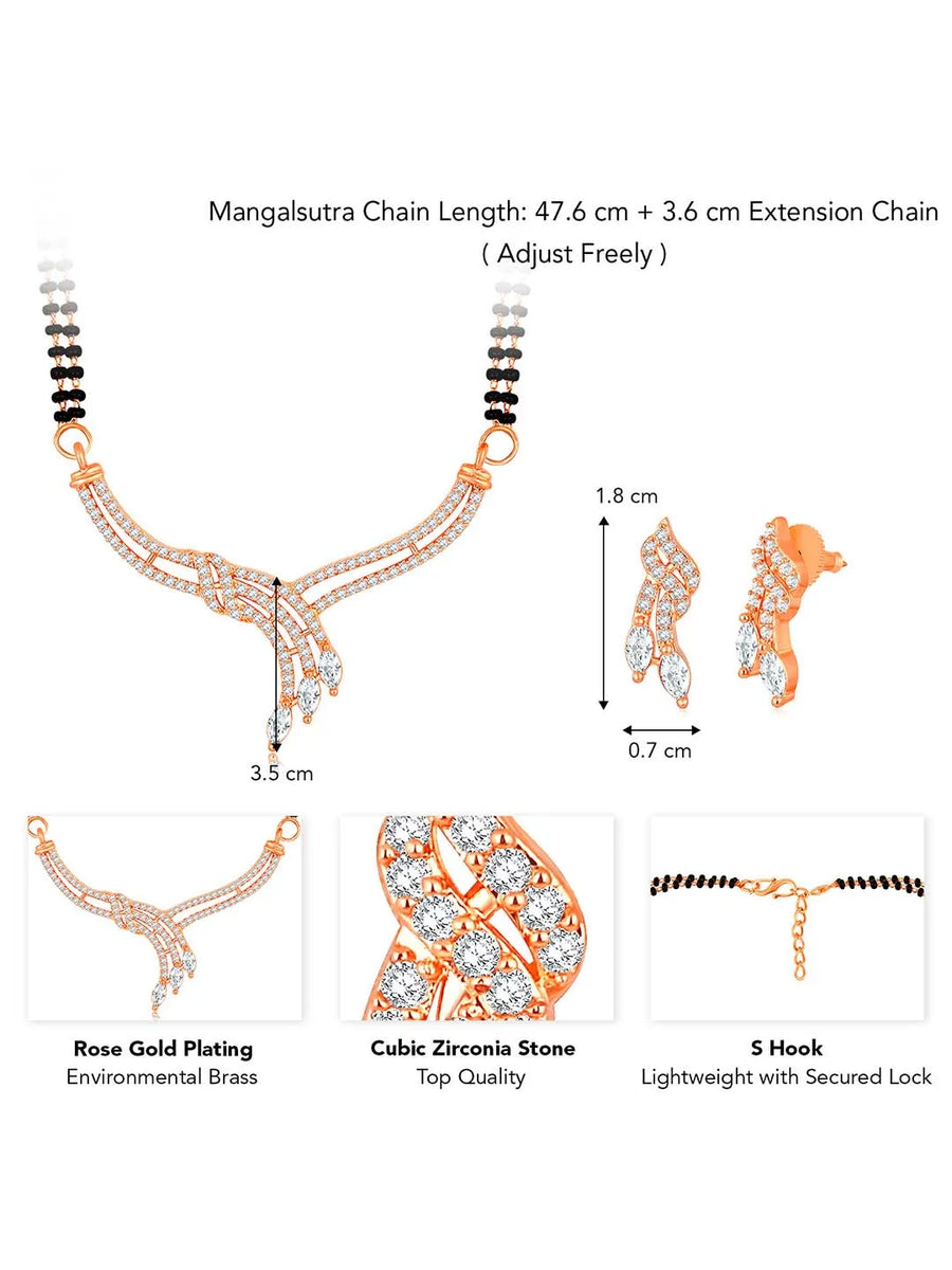 Brilliant Dazzling CZ Mangalsutra Set. Rose gold CZ mangalsutra set with black beads and matching earrings