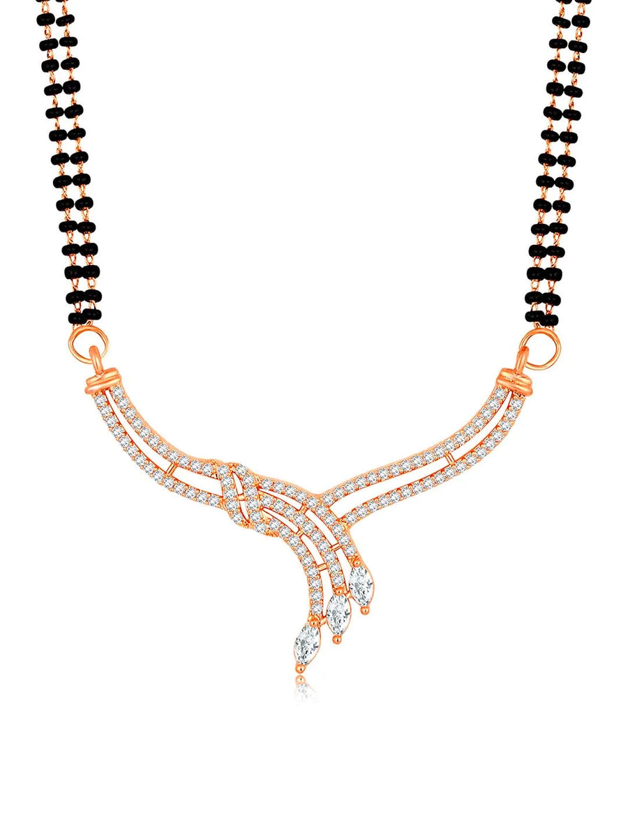 Brilliant Dazzling CZ Mangalsutra Set. Rose gold CZ mangalsutra set with black beads and matching earrings