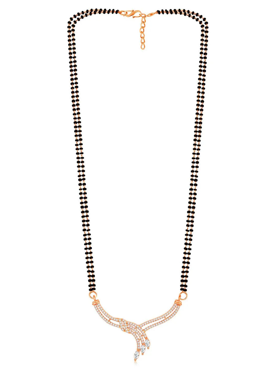 Brilliant Dazzling CZ Mangalsutra Set. Rose gold CZ mangalsutra set with black beads and matching earrings