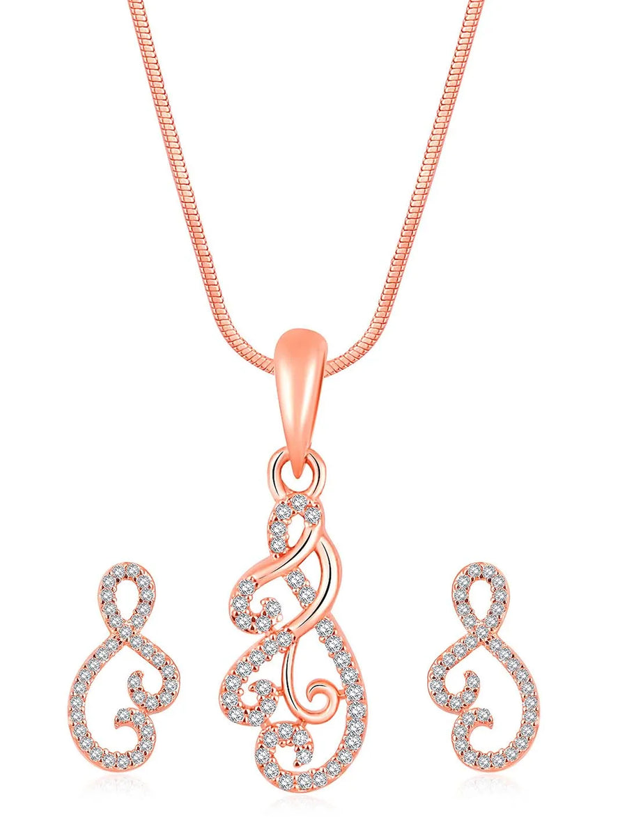 Chic Floral CZ Pendant Necklace Set. Rose gold-plating floral pendant necklace with pair of earrings & CZ stones by Peora.