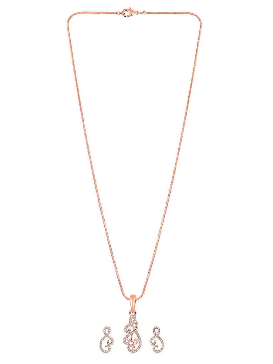 Chic Floral CZ Pendant Necklace Set. Rose gold-plating floral pendant necklace with pair of earrings & CZ stones by Peora.
