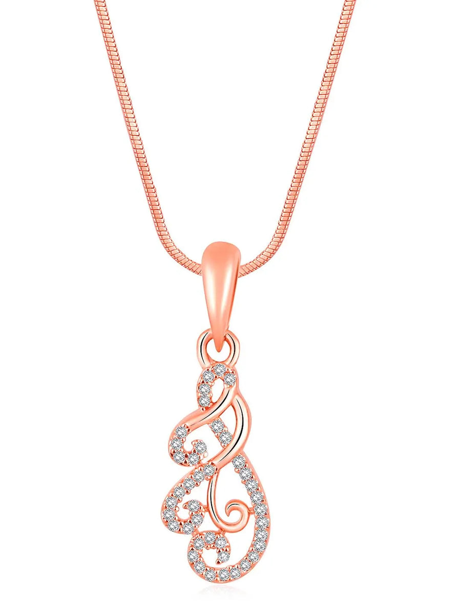 Chic Floral CZ Pendant Necklace Set. Rose gold-plating floral pendant necklace with pair of earrings & CZ stones by Peora.