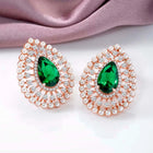 Dewdrop CZ &Crystal Stone Earrings.  Rose gold-colored earrings featuring a teardrop-shaped green cubic zirconia stone with pearls.