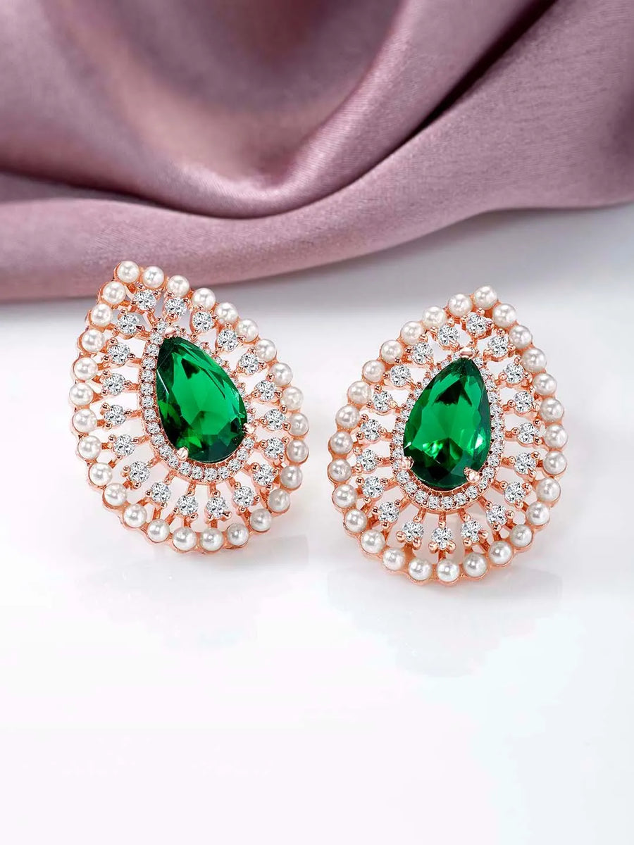 Dewdrop CZ &Crystal Stone Earrings.  Rose gold-colored earrings featuring a teardrop-shaped green cubic zirconia stone with pearls.