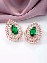 Dewdrop CZ &Crystal Stone Earrings.  Rose gold-colored earrings featuring a teardrop-shaped green cubic zirconia stone with pearls.