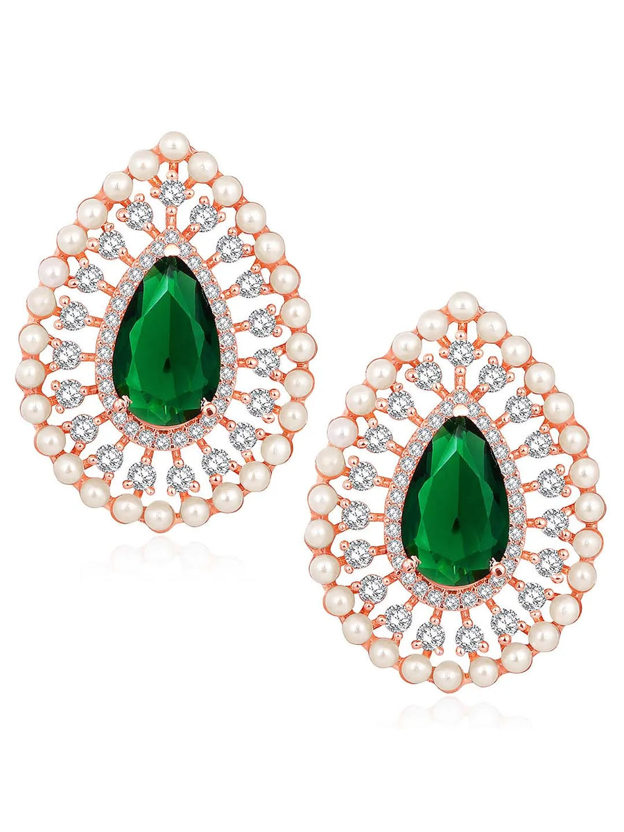 Dewdrop CZ &Crystal Stone Earrings.  Rose gold-colored earrings featuring a teardrop-shaped green cubic zirconia stone with pearls.