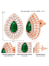 Dewdrop CZ &Crystal Stone Earrings.  Rose gold-colored earrings featuring a teardrop-shaped green cubic zirconia stone with pearls.