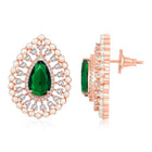 Dewdrop CZ &Crystal Stone Earrings.  Rose gold-colored earrings featuring a teardrop-shaped green cubic zirconia stone with pearls.