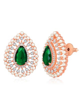 Dewdrop CZ &Crystal Stone Earrings.  Rose gold-colored earrings featuring a teardrop-shaped green cubic zirconia stone with pearls.
