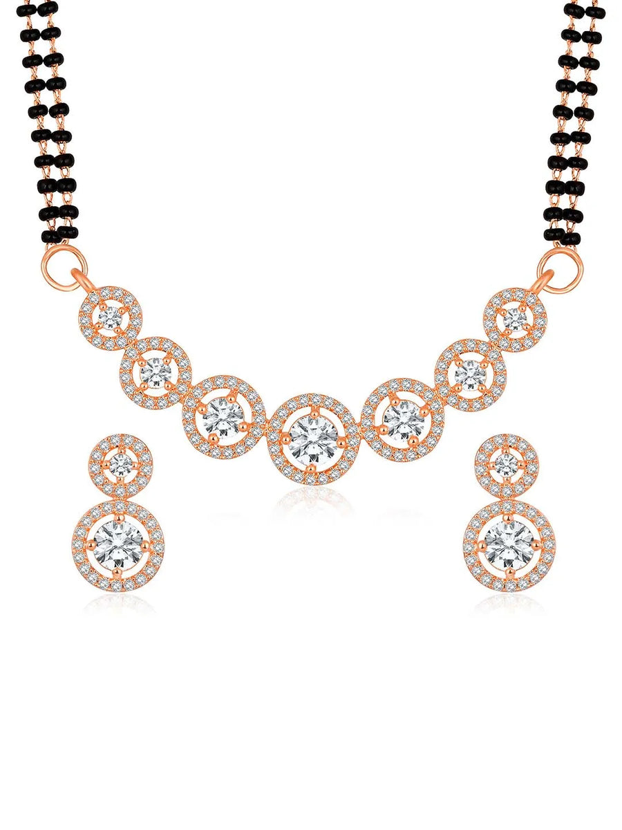 Luxurious Gleaming CZ Mangalsutra Set. Mangalsutra and matching earrings with cubic zirconia stones along with rose gold plating.
