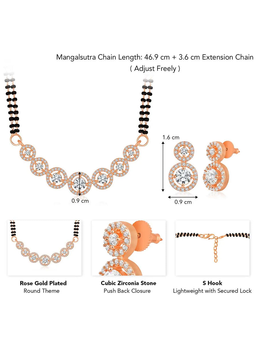 Luxurious Gleaming CZ Mangalsutra Set. Mangalsutra and matching earrings with cubic zirconia stones along with rose gold plating.