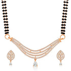 CZ Studded Traditional Mangalsutra Set. A traditional mangalsutra set with black beads and rose gold-color plating, zirconia stones, & matching earrings.