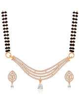 CZ Studded Traditional Mangalsutra Set. A traditional mangalsutra set with black beads and rose gold-color plating, zirconia stones, & matching earrings.