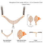 CZ Studded Traditional Mangalsutra Set. A traditional mangalsutra set with black beads and rose gold-color plating, zirconia stones, & matching earrings.