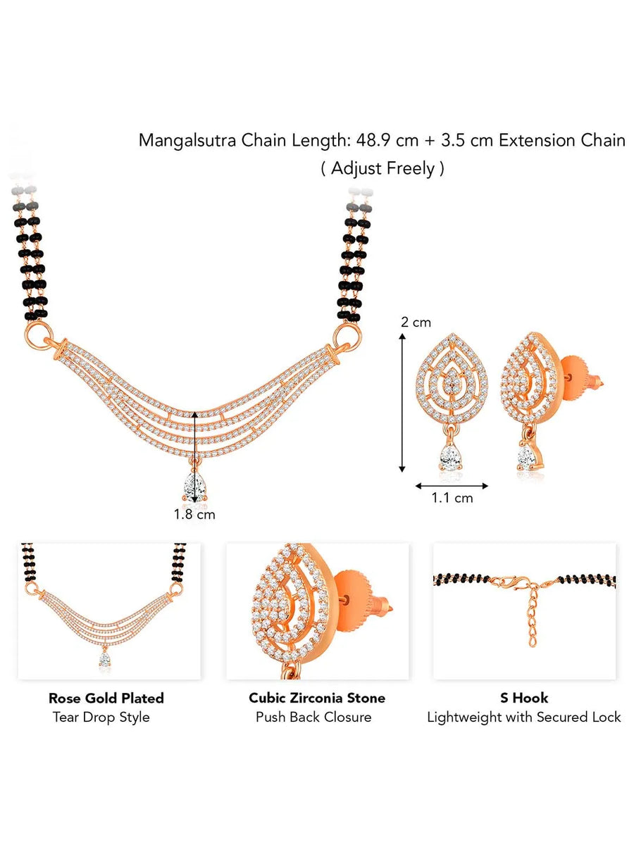 CZ Studded Traditional Mangalsutra Set. A traditional mangalsutra set with black beads and rose gold-color plating, zirconia stones, & matching earrings.