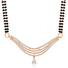 CZ Studded Traditional Mangalsutra Set. A traditional mangalsutra set with black beads and rose gold-color plating, zirconia stones, & matching earrings.