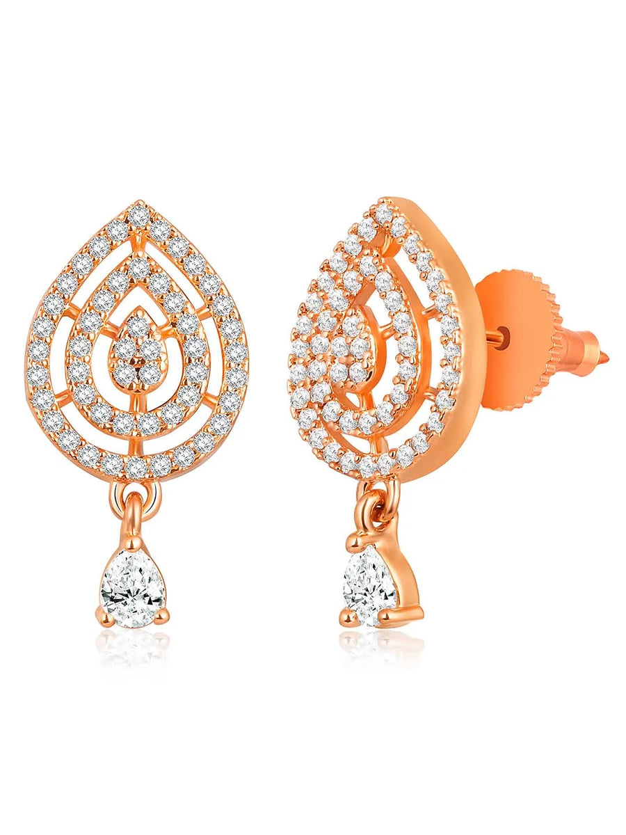 CZ Studded Traditional Mangalsutra Set. A traditional mangalsutra set with black beads and rose gold-color plating, zirconia stones, & matching earrings.