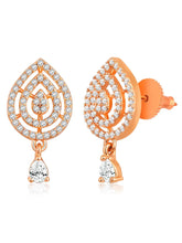 CZ Studded Traditional Mangalsutra Set. A traditional mangalsutra set with black beads and rose gold-color plating, zirconia stones, & matching earrings.