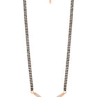 CZ Studded Traditional Mangalsutra Set. A traditional mangalsutra set with black beads and rose gold-color plating, zirconia stones, & matching earrings.