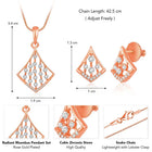 Sparkling Rhombus CZ Pendant Set by Peora. Rose gold-colored pendant set with a rhombus-shaped design with earrings & CZ stones.