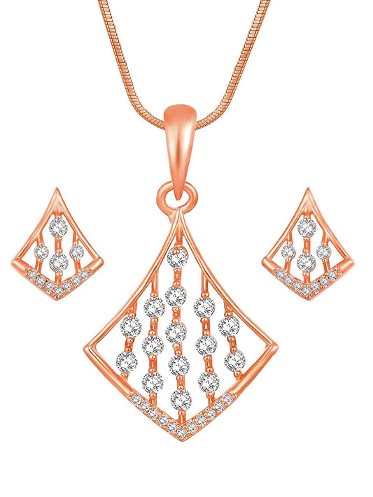 Sparkling Rhombus CZ Pendant Set by Peora. Rose gold-colored pendant set with a rhombus-shaped design with earrings & CZ stones.
