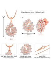 A set of rose gold jewelry including a paisley-shaped pendant necklace and matching earrings, both adorned with cubic zirconia.
