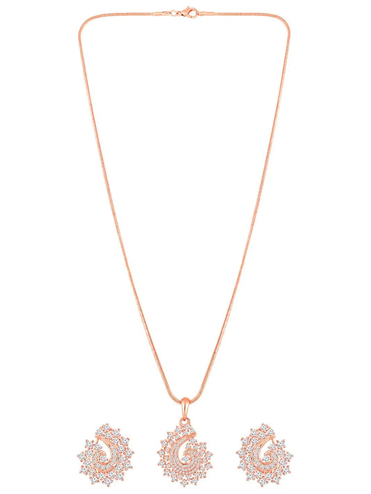 A set of rose gold jewelry including a paisley-shaped pendant necklace and matching earrings, both adorned with cubic zirconia.