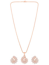 A set of rose gold jewelry including a paisley-shaped pendant necklace and matching earrings, both adorned with cubic zirconia.