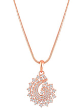 A set of rose gold jewelry including a paisley-shaped pendant necklace and matching earrings, both adorned with cubic zirconia.