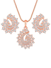A set of rose gold jewelry including a paisley-shaped pendant necklace and matching earrings, both adorned with cubic zirconia.