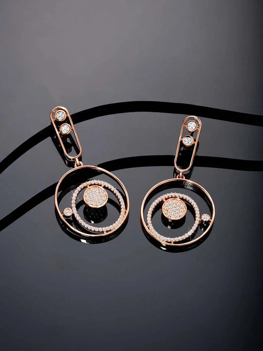 Chic Radiant Roundness CZ Earrings. Rose gold-plated dangler earrings with Cz stones, in circular shape.