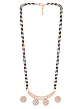 Stunning Dazzling CZ Mangalsutra Set. A set of CZ Mangalsutra jewellery and earrings, with rose gold-colour plating and black beads.