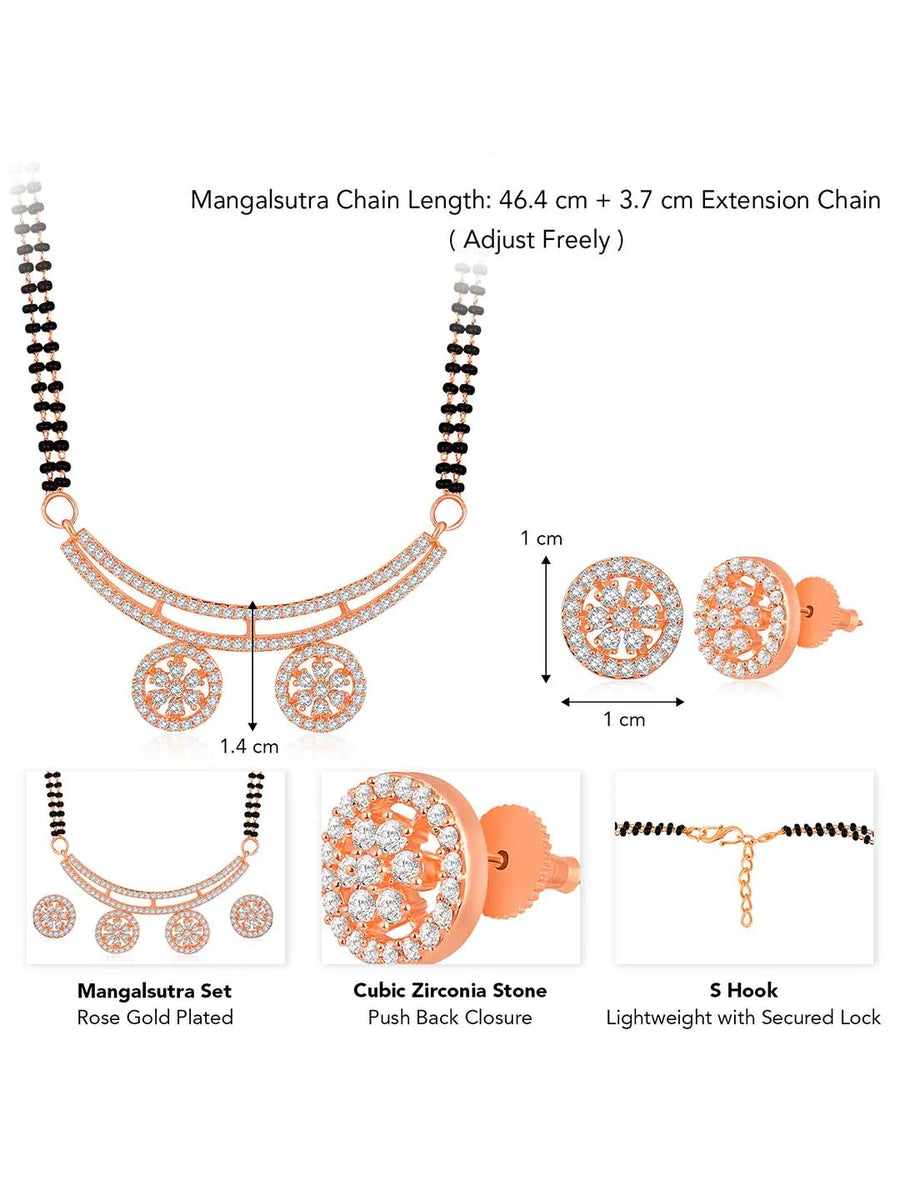 Stunning Dazzling CZ Mangalsutra Set. A set of CZ Mangalsutra jewellery and earrings, with rose gold-colour plating and black beads.