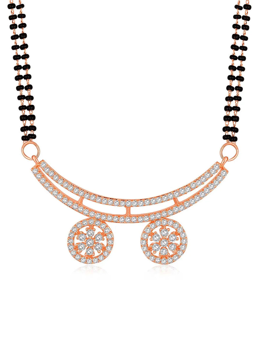 Stunning Dazzling CZ Mangalsutra Set. A set of CZ Mangalsutra jewellery and earrings, with rose gold-colour plating and black beads.