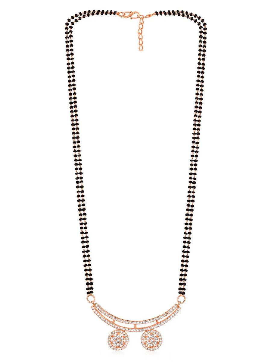 Stunning Dazzling CZ Mangalsutra Set. A set of CZ Mangalsutra jewellery and earrings, with rose gold-colour plating and black beads.