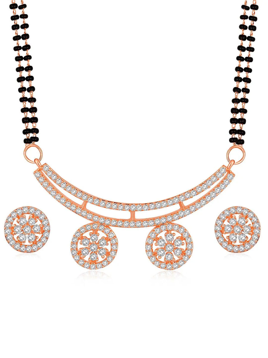 Stunning Dazzling CZ Mangalsutra Set. A set of CZ Mangalsutra jewellery and earrings, with rose gold-colour plating and black beads.