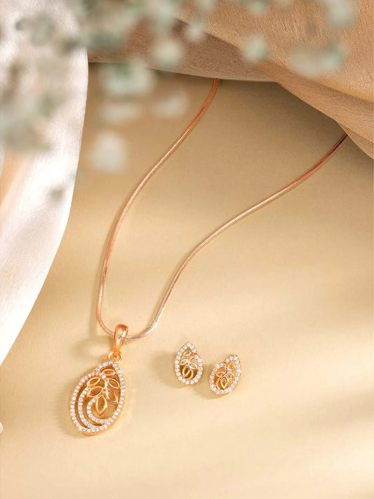 Timeless Divine Droplets CZ Pendant Set. Rose gold-plating pendant necklace and earrings set, leaf accent with cubic zirconia stones by Peora.