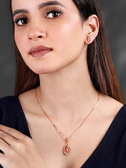 Timeless Divine Droplets CZ Pendant Set. Rose gold-plating pendant necklace and earrings set, leaf accent with cubic zirconia stones by Peora.