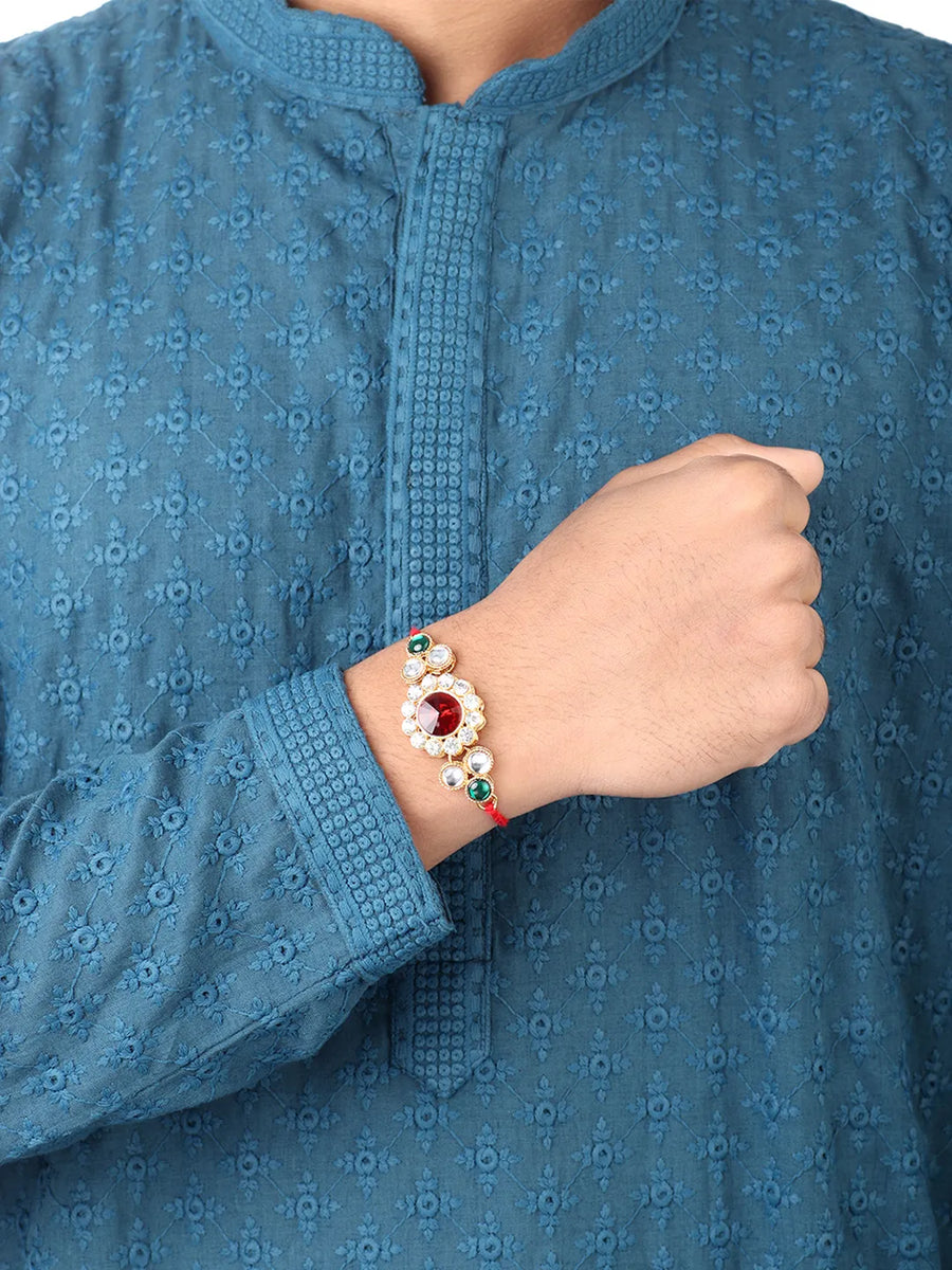 Peora Triple Kundan Round Rakhi Set