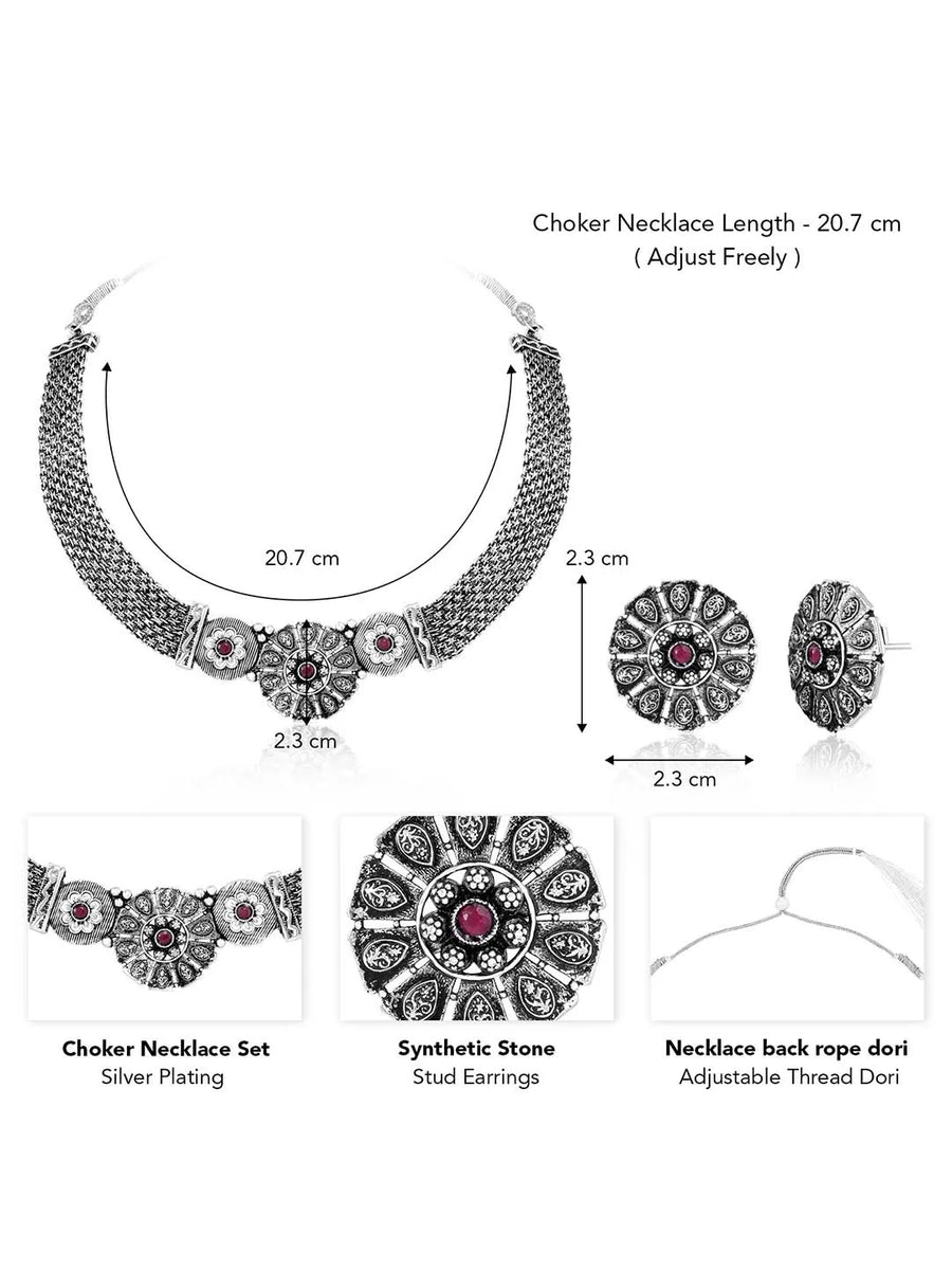 Effortless Sparkle Kundan Necklace Set - Silver - Rani Pink