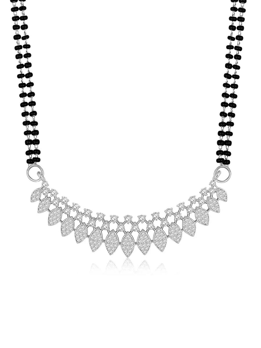 Stunning Radiant CZ Mangalsutra Set. Silver CZ mangalsutra set with black beads and matching earrings, in teardrop shape.