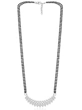 Stunning Radiant CZ Mangalsutra Set. Silver CZ mangalsutra set with black beads and matching earrings, in teardrop shape.