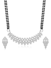 Stunning Radiant CZ Mangalsutra Set. Silver CZ mangalsutra set with black beads and matching earrings, in teardrop shape.