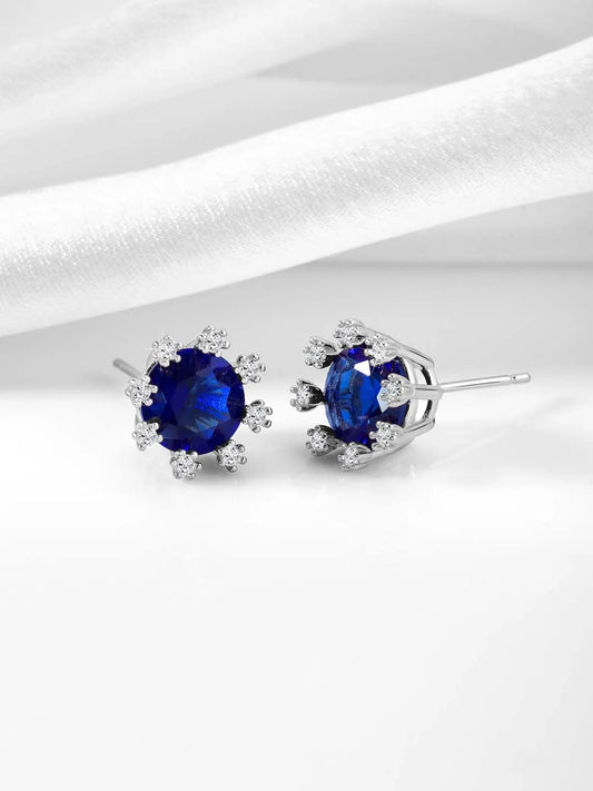 Blue Stone Halo Silver Stud Earrings