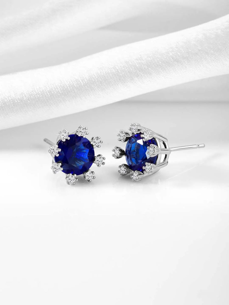 Blue Stone Halo Silver Stud Earrings