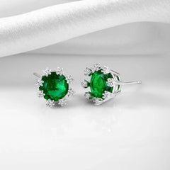 Green Stone Halo Silver Stud Earrings