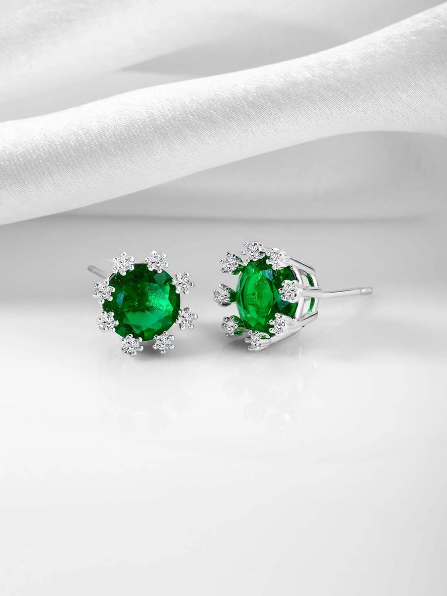 Green Stone Halo Silver Stud Earrings